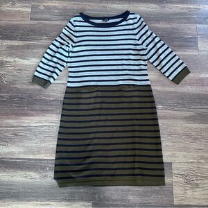 Talbots Mp petite striped sweater dress gray navy blue and olive wool blend